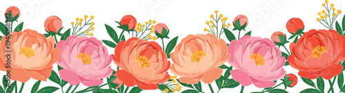 Seamless Floral Border with Pink and Coral Peonies for Spring Wedding Invitations and Greeting Cards