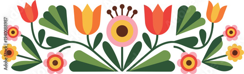 Colorful Scandinavian Folk Art Floral Border with Tulips and Leaves Vector Illustration