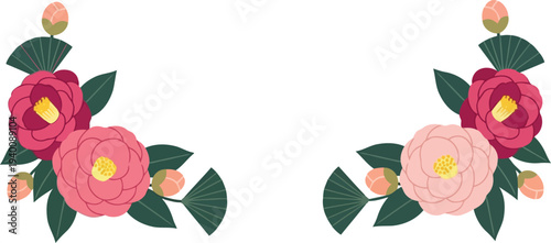 Floral corner border with pink and red camellia flowers and green leaves, vector illustration for invitations and cards