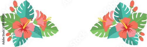 Tropical hibiscus floral border with green monstera leaves, summer botanical vector illustration