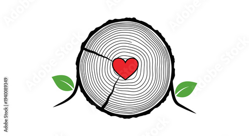 Red heart carved into tree trunk cross section with green leaves sprouting from branches