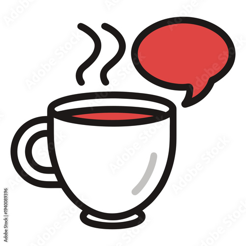 Cartoon illustration of a steaming cup of coffee with a speech bubble  hot beverage