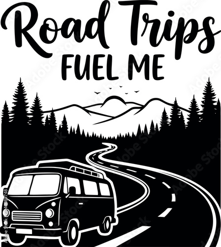 Vintage Camper Van Road Trip Adventure Illustration with Mountains and Forest for Travel Inspiration