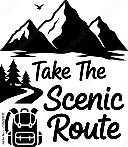 Schilderij op canvas Adventure Hiking Quote with Mountain Silhouette, Backpack, and Scenic Route Typo