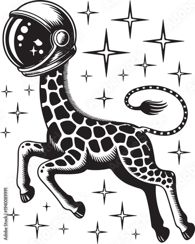 Whimsical Giraffe Astronaut Floating in Space – Surreal Black and White Vector Illustration of a Giraffe Wearing a Vintage Space Helmet Among Twinkling Stars for Sci-Fi Posters and Creative Graphic De