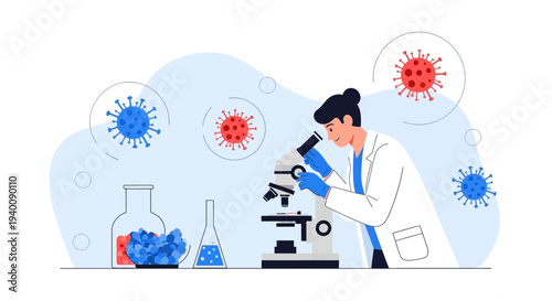 Scientist examining virus under microscope, research laboratory, coronavirus pandemic concept