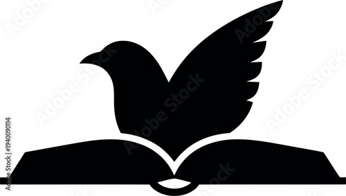 Black Silhouette of Bird Flying Out of Open Book Isolated on White Background for Education and Freedom Concepts