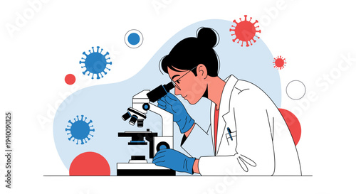 Scientist examining virus under microscope, scientific research, medical laboratory illustration