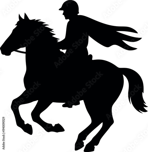 Silhouette of galloping horse with rider wearing cape, vector illustration for adventure and fantasy themes
