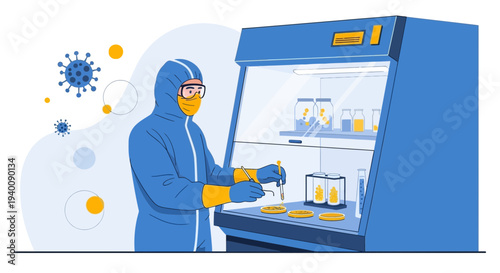 Scientist in hazmat suit works in biosafety cabinet with virus research and petri dishes