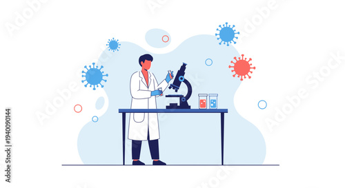 Scientist examining virus with microscope in laboratory, scientific research concept
