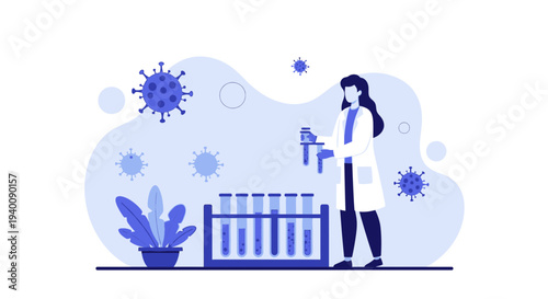 Scientist in Lab Coat Analyzing Test Tubes with Coronavirus Particles
