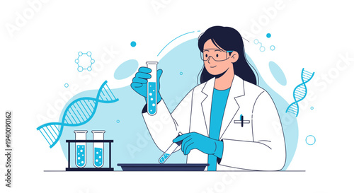 Scientist in Lab Coat Analyzing DNA Helix and Test Tubes in Modern Biotechnology Research