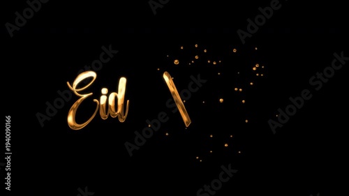 Happy Eid Al-Fitr Mubarak text animation in gold, white, and black ink drops with particles.