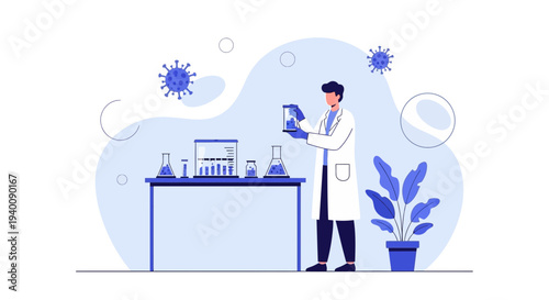 Scientist in lab coat analyzing virus sample with microscope and computer data
