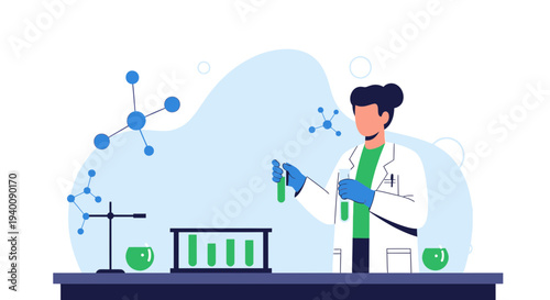 Scientist in Lab Coat Conducting Chemical Experiment with Molecules and Equipment