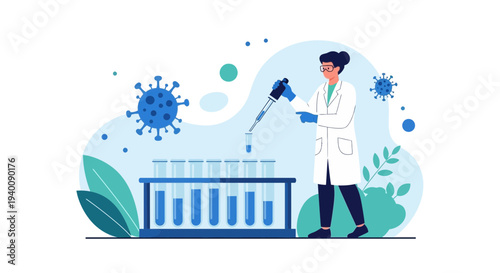 Scientist in Lab Coat Conducting Coronavirus Research with Test Tubes and Microscope