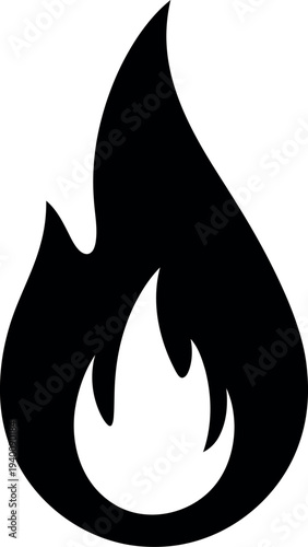 Black flame icon isolated on white background, simple fire silhouette vector illustration for web and graphic design