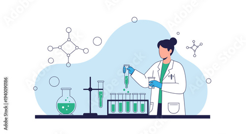 Scientist in Lab Coat Conducting Experiment with Test Tubes and Flasks, Molecular Structures