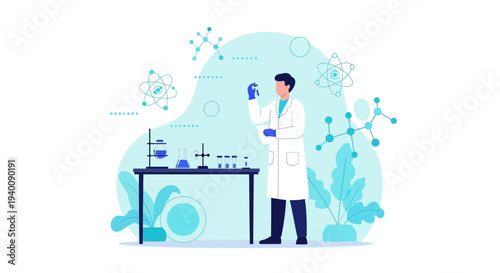 Scientist in Lab Coat Conducting Experiment with Molecules and Beakers