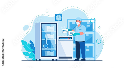 Scientist in sterile suit and mask handling samples in cold storage laboratory