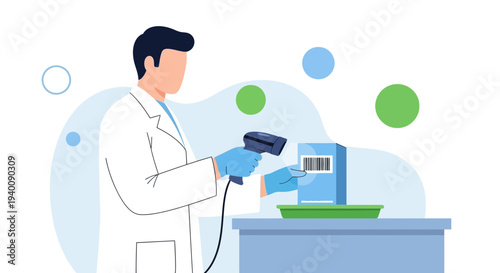 Scientist scanning barcode on product box with handheld scanner in laboratory setting