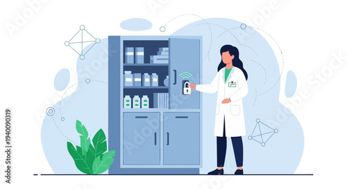 Scientist uses smart cabinet with remote control for medicine storage and inventory management