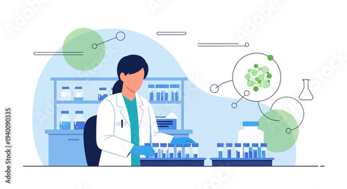 Scientist working in laboratory with test tubes and microscope, research and development concept
