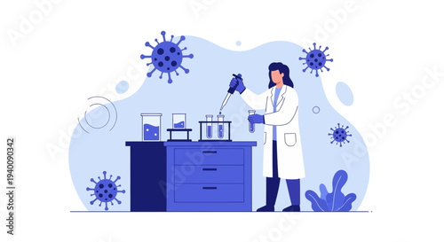 Scientist working in laboratory with virus molecules, research and development concept
