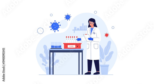 Scientist working in laboratory with virus samples and test tubes, research concept