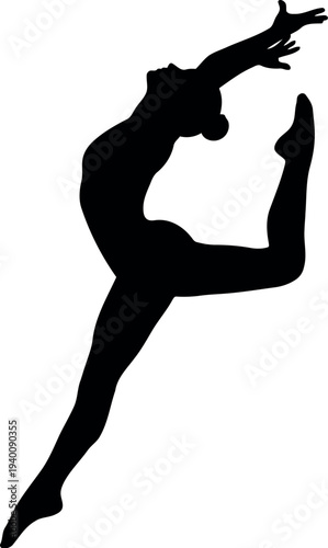 Silhouette of graceful female dancer performing elegant leap isolated on white background
