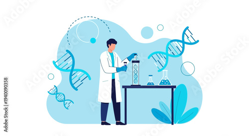 Scientist working with DNA helix in laboratory, biotechnology research concept