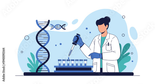Scientist working with DNA helix and test tubes in a modern laboratory, science research concept
