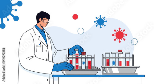 Scientist working with test tubes in laboratory, coronavirus research concept