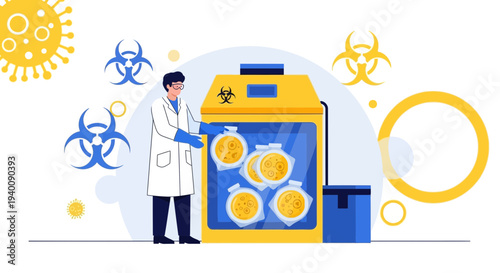 Scientist working with virus samples in a biosafety cabinet, laboratory research