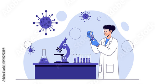 Scientist working with virus samples in laboratory, microscopic view, research concept