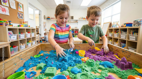 Children playing with colorful plasticine in a bright organized playroom with natural light and wooden toy storage