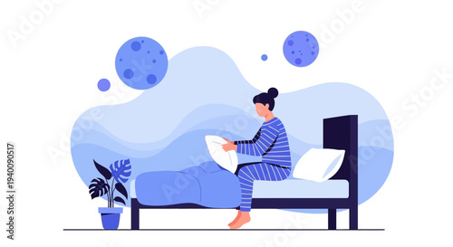 Woman in Pajamas Preparing Bed for Sleep, Nighttime Ambiance with Moon Elements