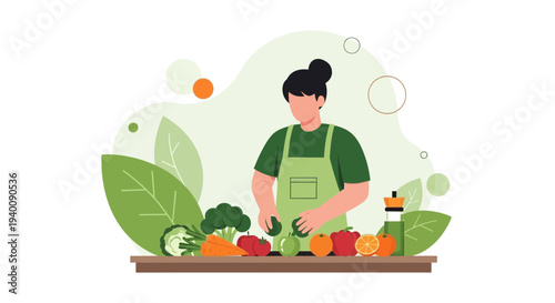 Woman preparing healthy food, chopping fresh vegetables and fruits for a meal
