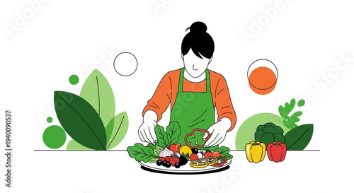 Woman preparing healthy salad with fresh vegetables and fruits, healthy eating concept