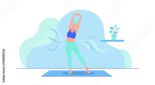 Woman stretching and exercising at home, healthy lifestyle, yoga mat, blue background