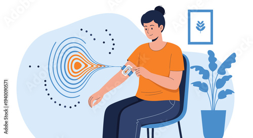 Woman with wearable device on arm, receiving therapeutic stimulation for pain relief