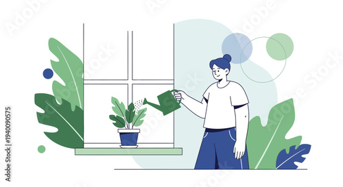 Woman watering a houseplant on a windowsill with a watering can, surrounded by green leaves.