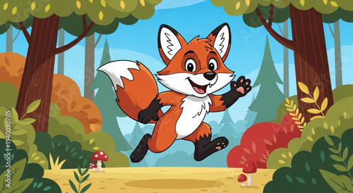 Playful cartoon fox jumping happily in forest clearing