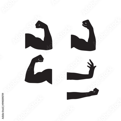 Bicep Flexing Arms Poses Showing Muscle Strength and Power Icons Isolated on white background