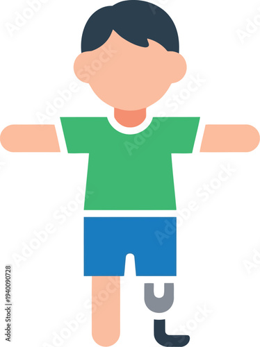 Vector illustration of child with prosthetic leg, inclusive disability concept, flat cartoon style