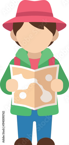 Cartoon traveler with map in hand wearing pink hat and green jacket isolated on white background
