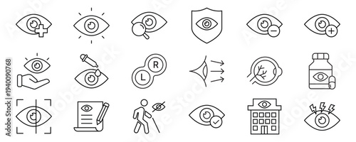 Ophthalmology line editable icon set. Contain icons related to medical eye care, optometry, vision correction, and more. Editable stroke. Vector illustration