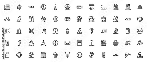 Summer icon set. Vector illustration of vacation, travel and beach items. Includes symbols for sunglasses, suitcase, tent, airplane, cocktail, passport and more.