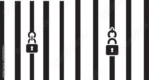 Black and white icon representing a prison or jail bars with two locked padlocks, symbolizing confinement, security, or restriction